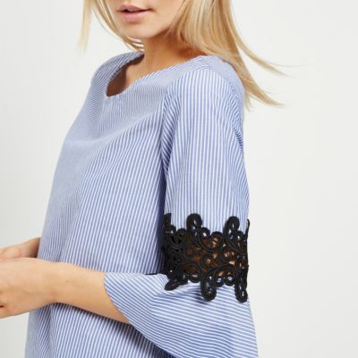Petite blue stripe crochet bell sleeve top